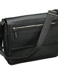 Black leather shoulder bag with a visible brand logo on a white background