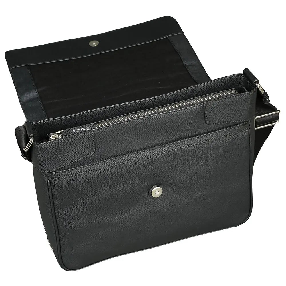 Black leather briefcase with open flap showing interior on a white background
