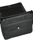 Black leather briefcase with open flap showing interior on a white background