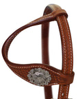Brown leather horse bridle with a silver concho on a white background