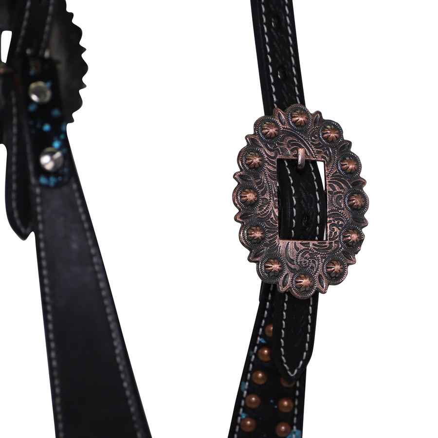 Western Single Ear headstall with brass and blue accents