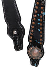 Black leather strap with decorative studs and conchos on a white background