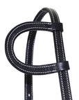 Close-up of a black leather bridle strap with white stitching on a white background
