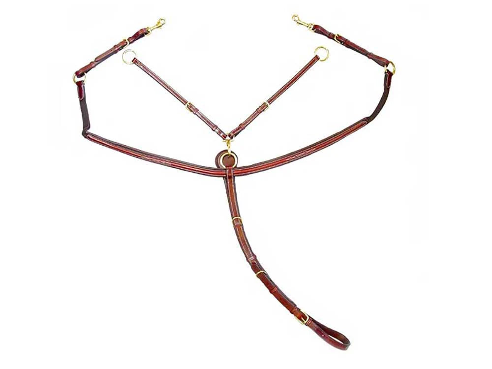Reddish-brown leather horse bridle with gold hardware