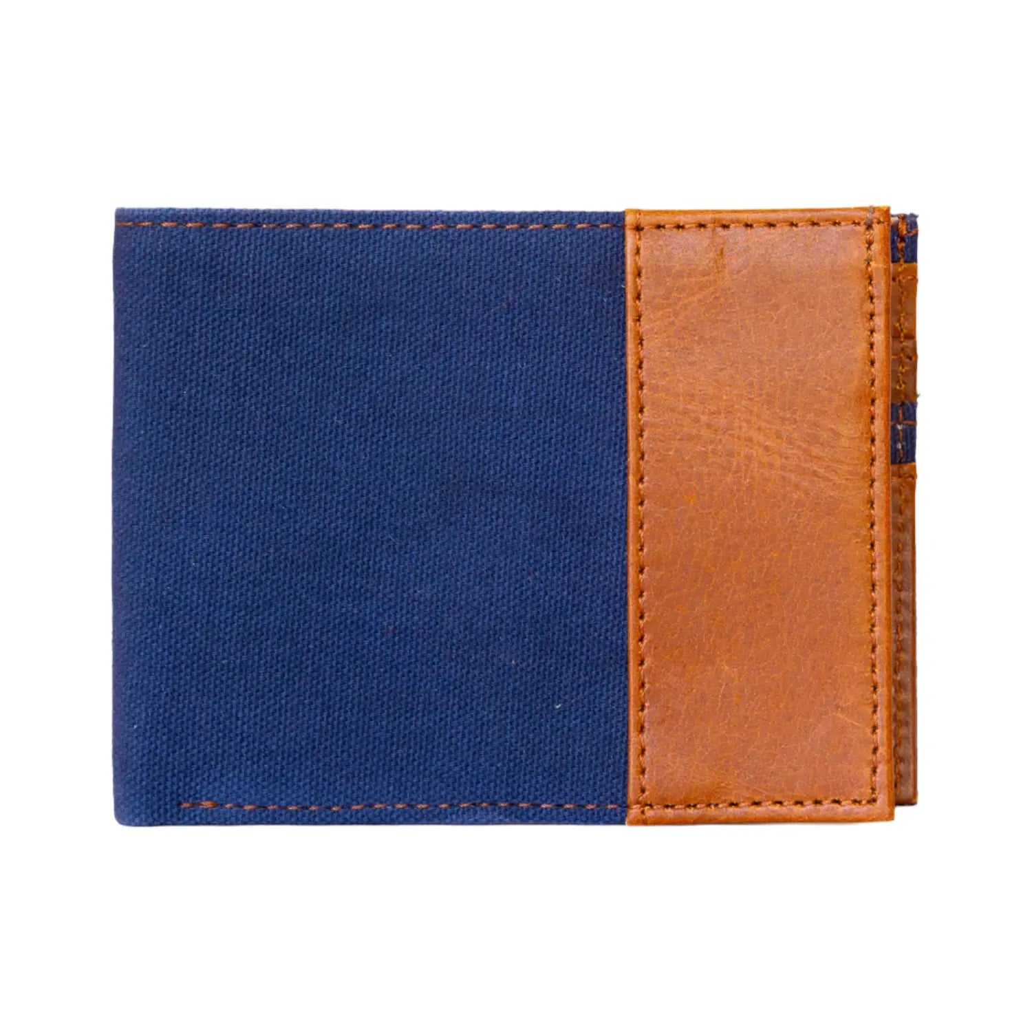 Two-tone blue and brown wallet on a white background