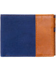 Two-tone blue and brown wallet on a white background