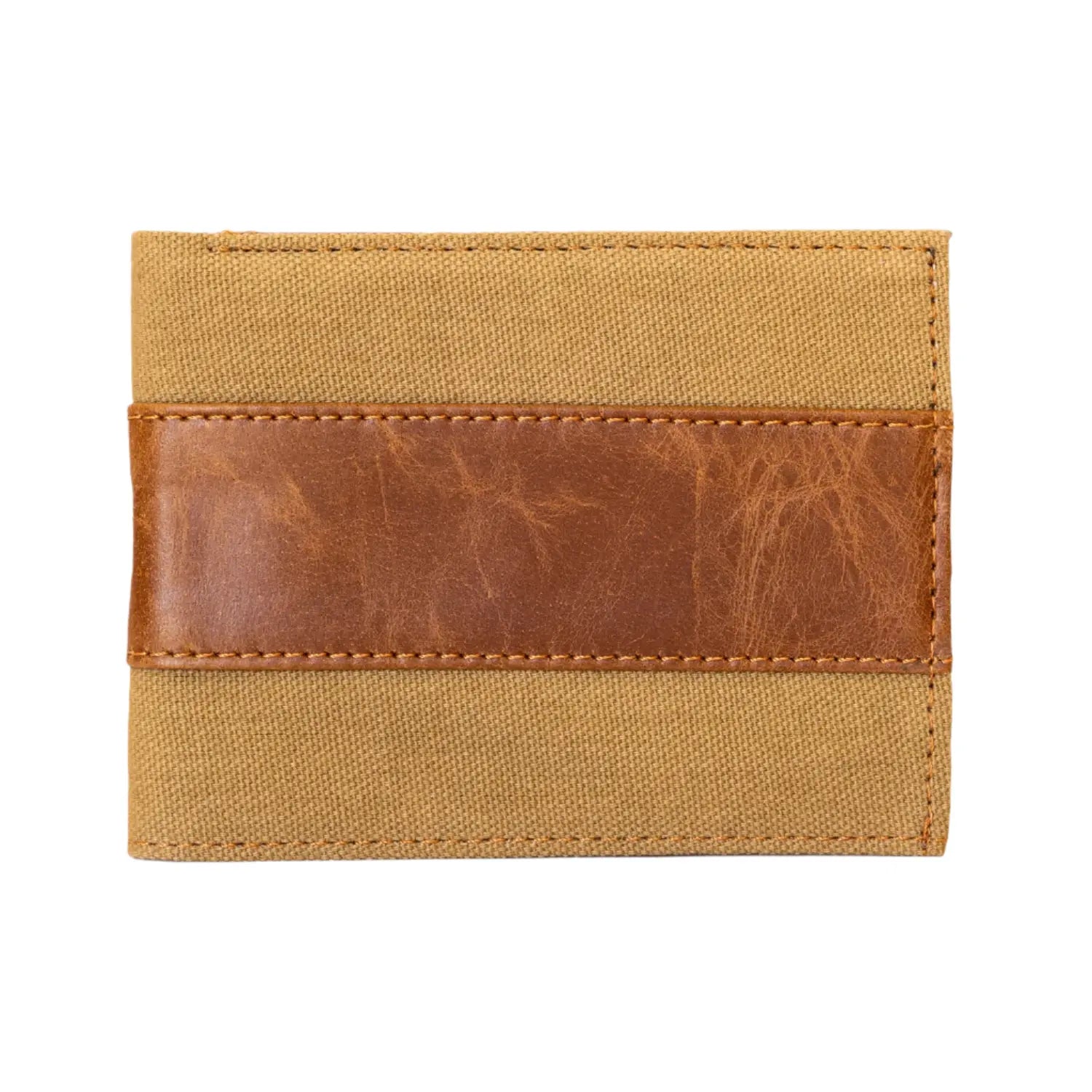 Beige wallet with brown leather strip on a white background