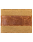 Beige wallet with brown leather strip on a white background