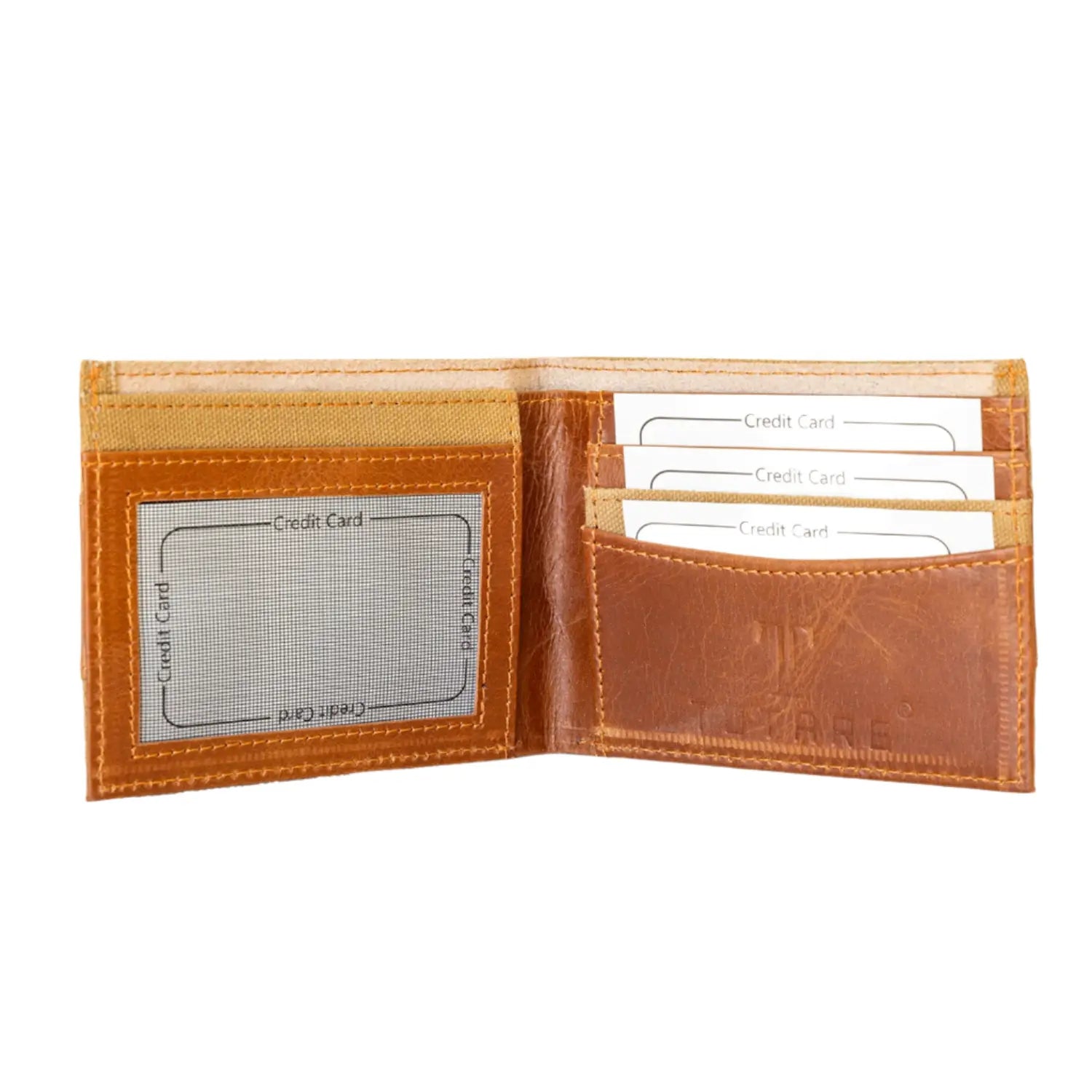 Brown leather wallet with card slots on a white background