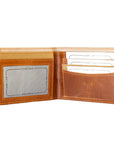 Brown leather wallet with card slots on a white background