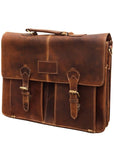 Brown leather satchel bag with gold buckles on a white background