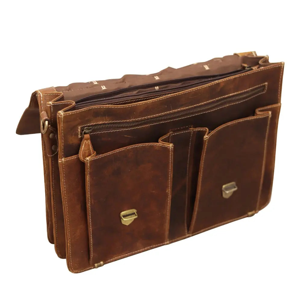 Brown leather briefcase with multiple compartments on a white background