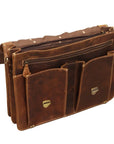 Brown leather briefcase with multiple compartments on a white background