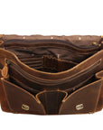 Brown leather bag with multiple compartments and zippers on a white background