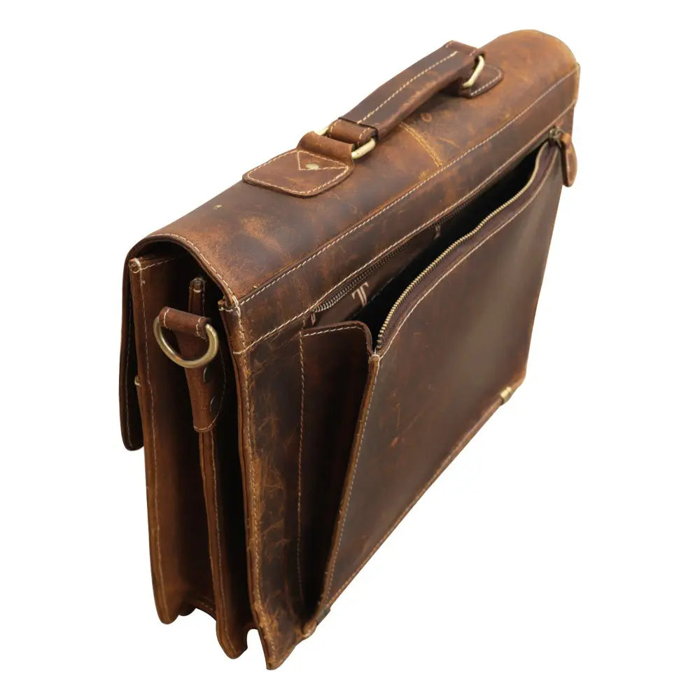 Brown leather briefcase on a white background