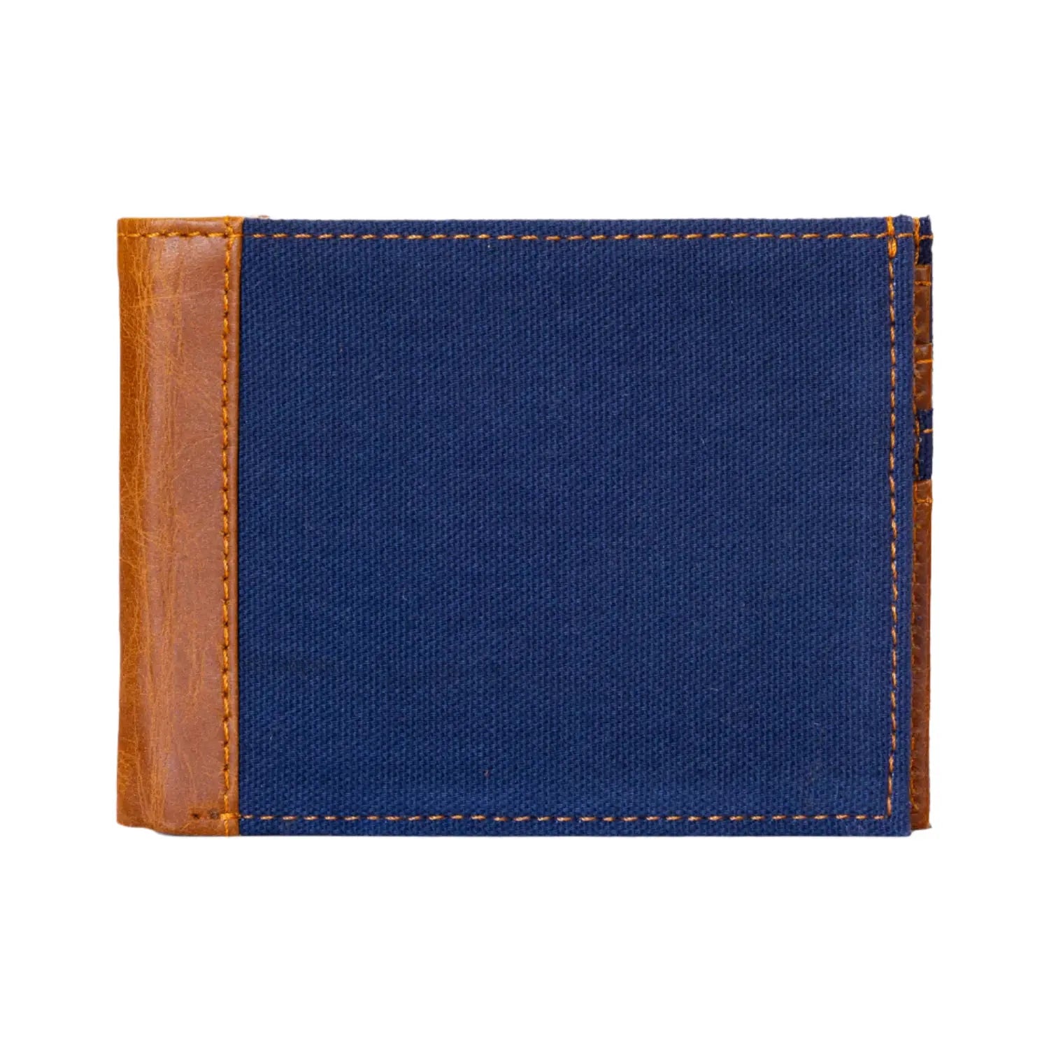 Blue wallet with brown leather accents on a white background