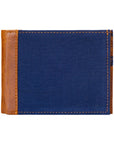Blue wallet with brown leather accents on a white background