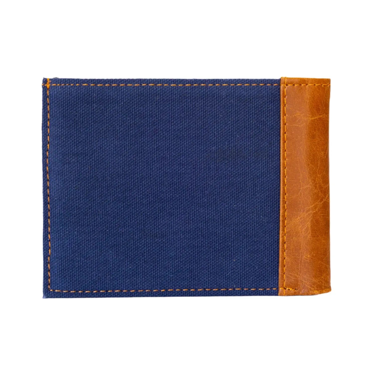 Blue fabric cardholder with brown leather accent on a white background