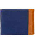 Blue fabric cardholder with brown leather accent on a white background