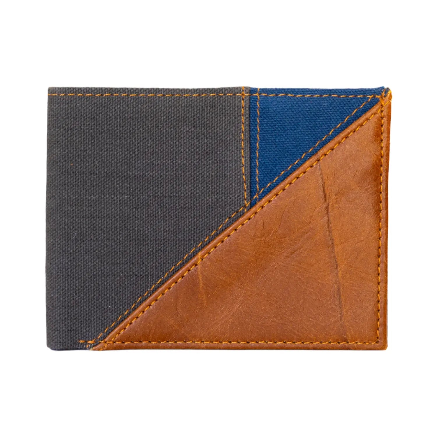 Multicolored wallet with gray, blue, and brown sections on a white background