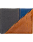 Multicolored wallet with gray, blue, and brown sections on a white background