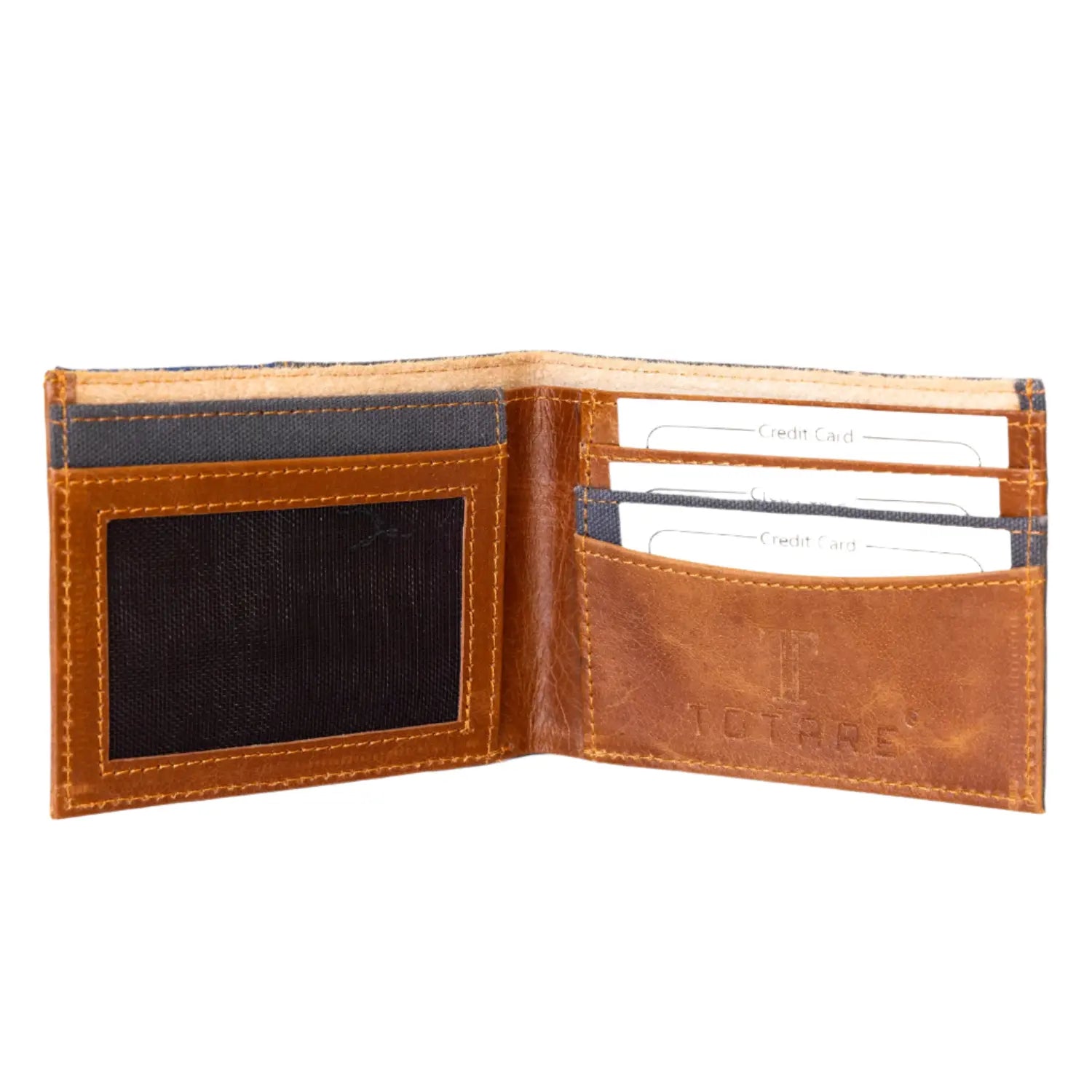Brown leather wallet with card slots on a white background