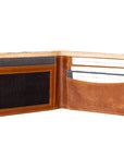 Brown leather wallet with card slots on a white background