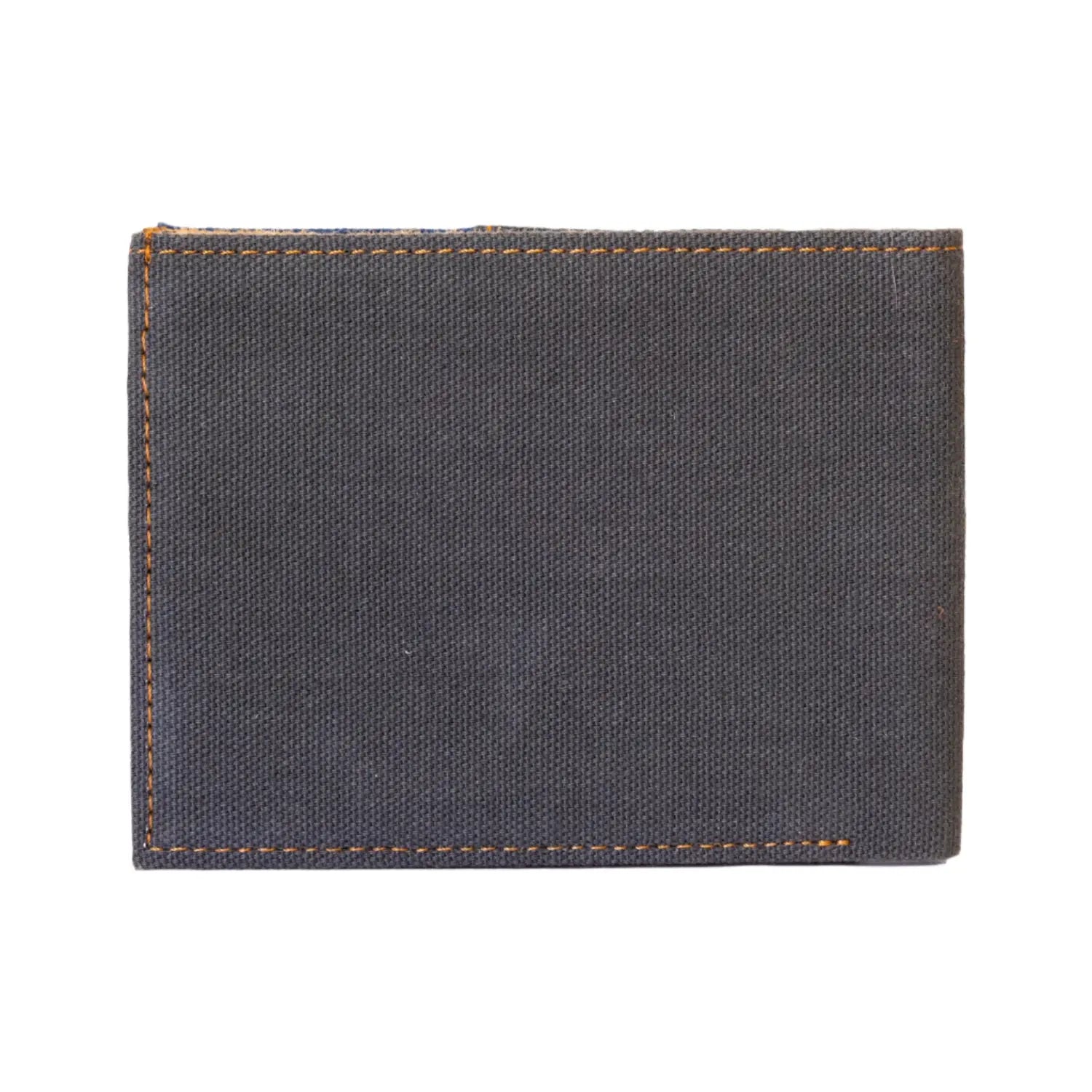Dark gray fabric pouch with orange stitching on a white background