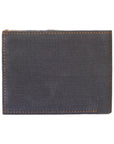 Dark gray fabric pouch with orange stitching on a white background