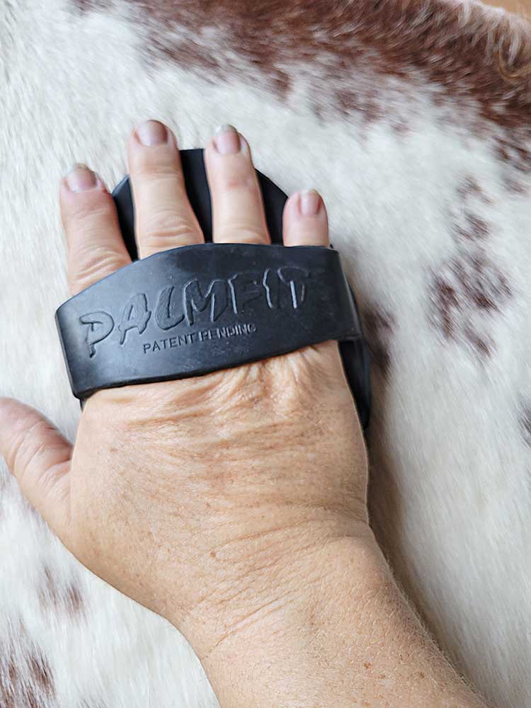 Black PalmFit Curry Comb in hand combing white and brown horse