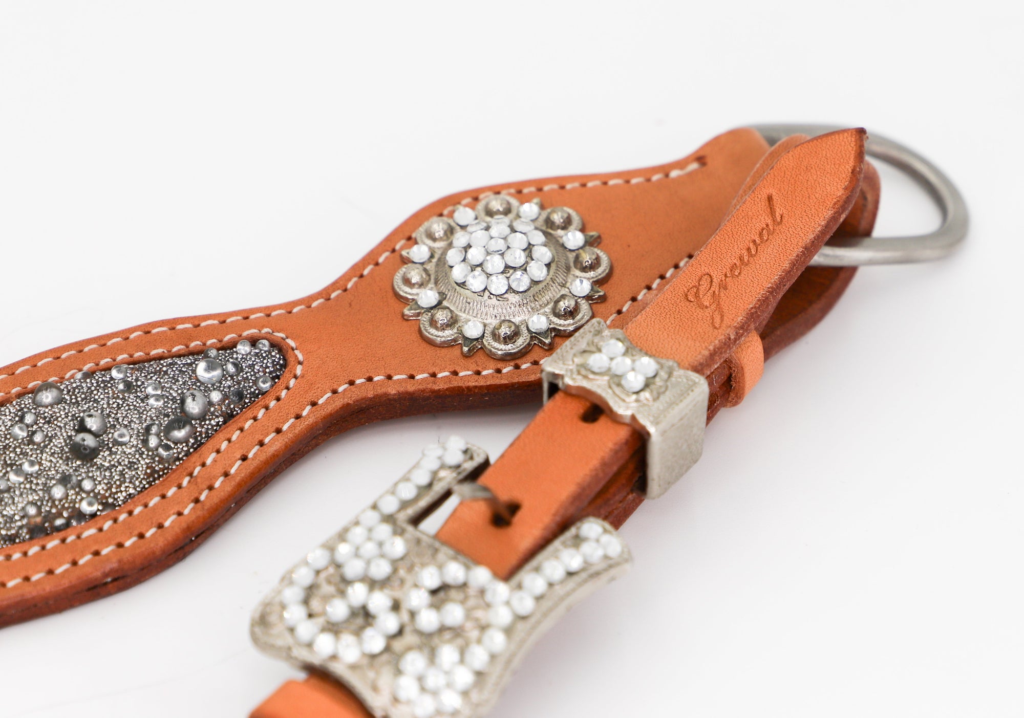 Detail closeup of Savannah Western Natural Breast Collar With Crystal Conchos