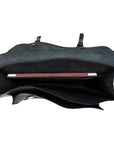 Black leather bag with a wooden handle on a white background