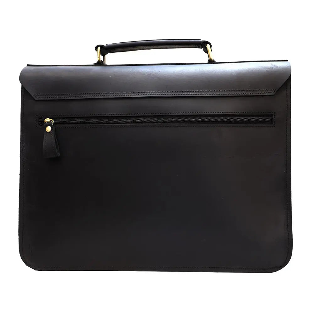 Black leather briefcase with gold zipper pull on a white background
