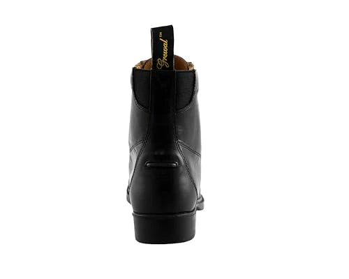 Black leather boot with a brand label on a white background