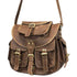 Brown leather satchel bag with gold buckles on a white background