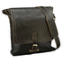 Black leather messenger bag with floral cut-out design on a white background