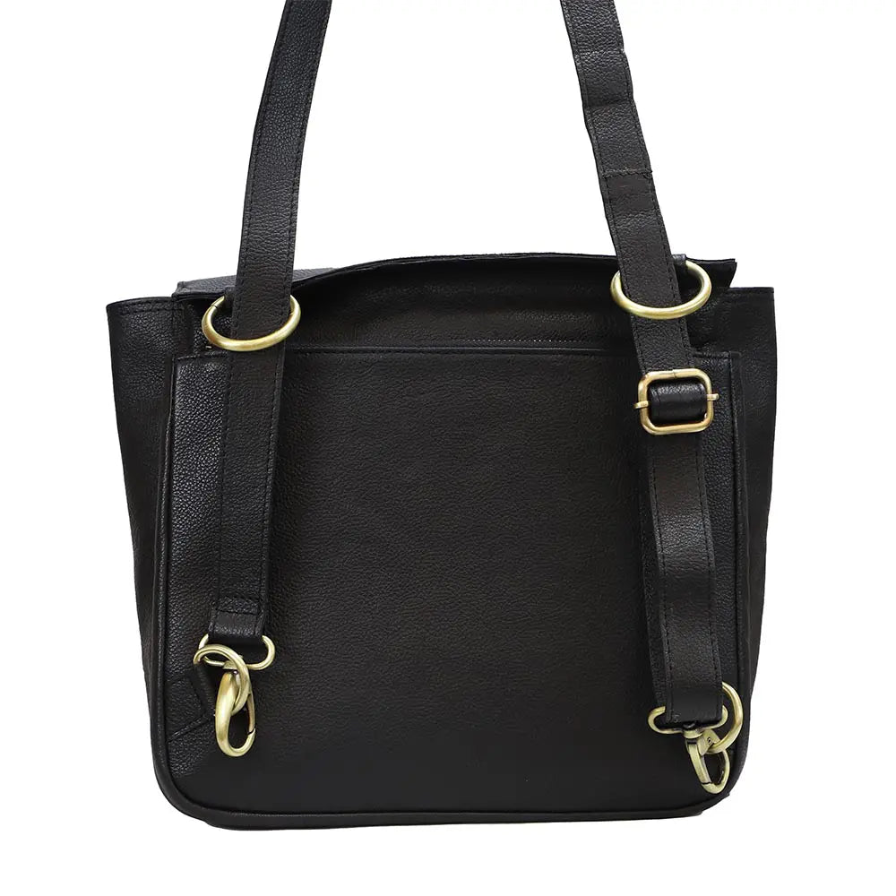 Black leather handbag with gold hardware on a white background