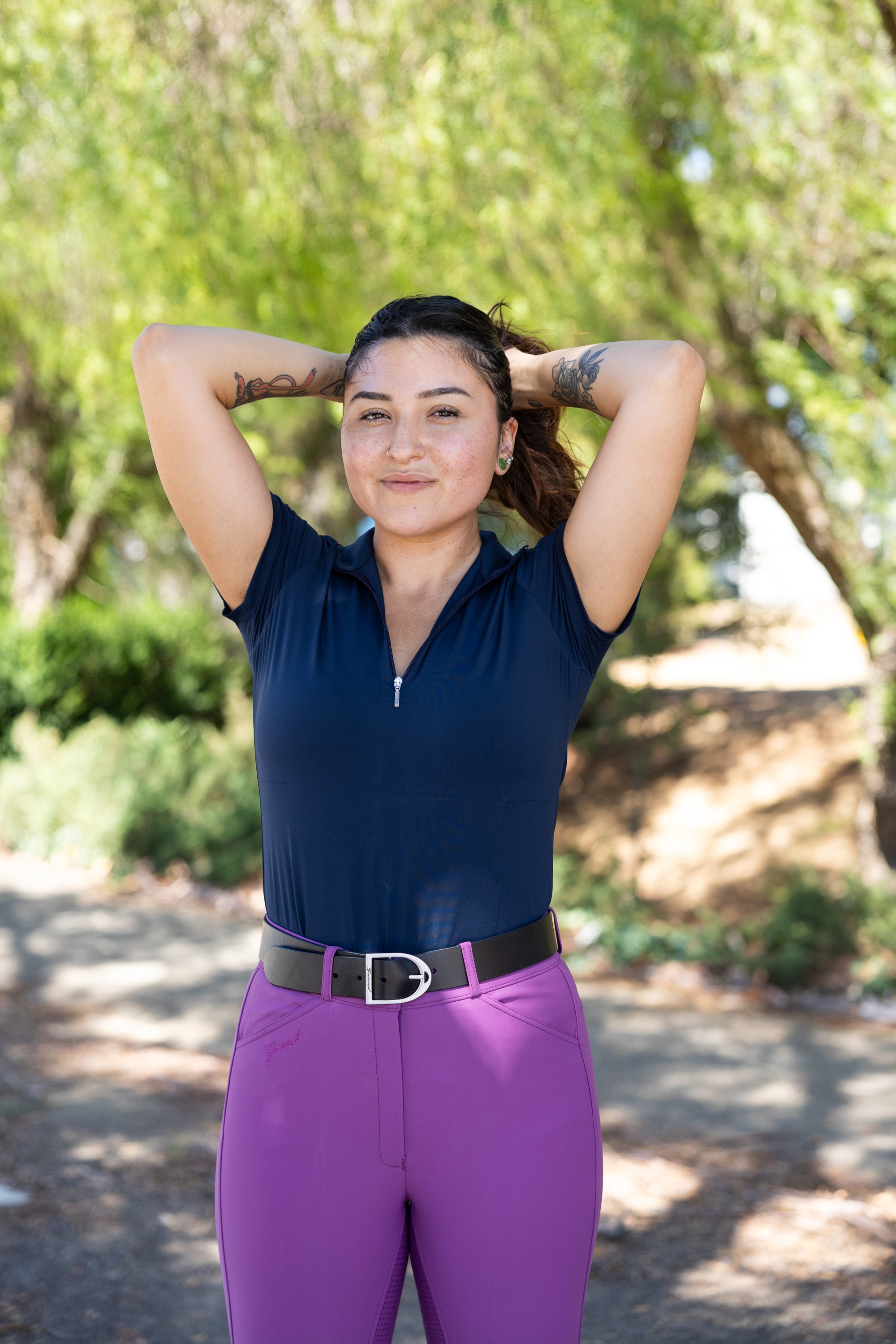 Navy Aerocool Short Sleeve Shirt and purple breeches on model