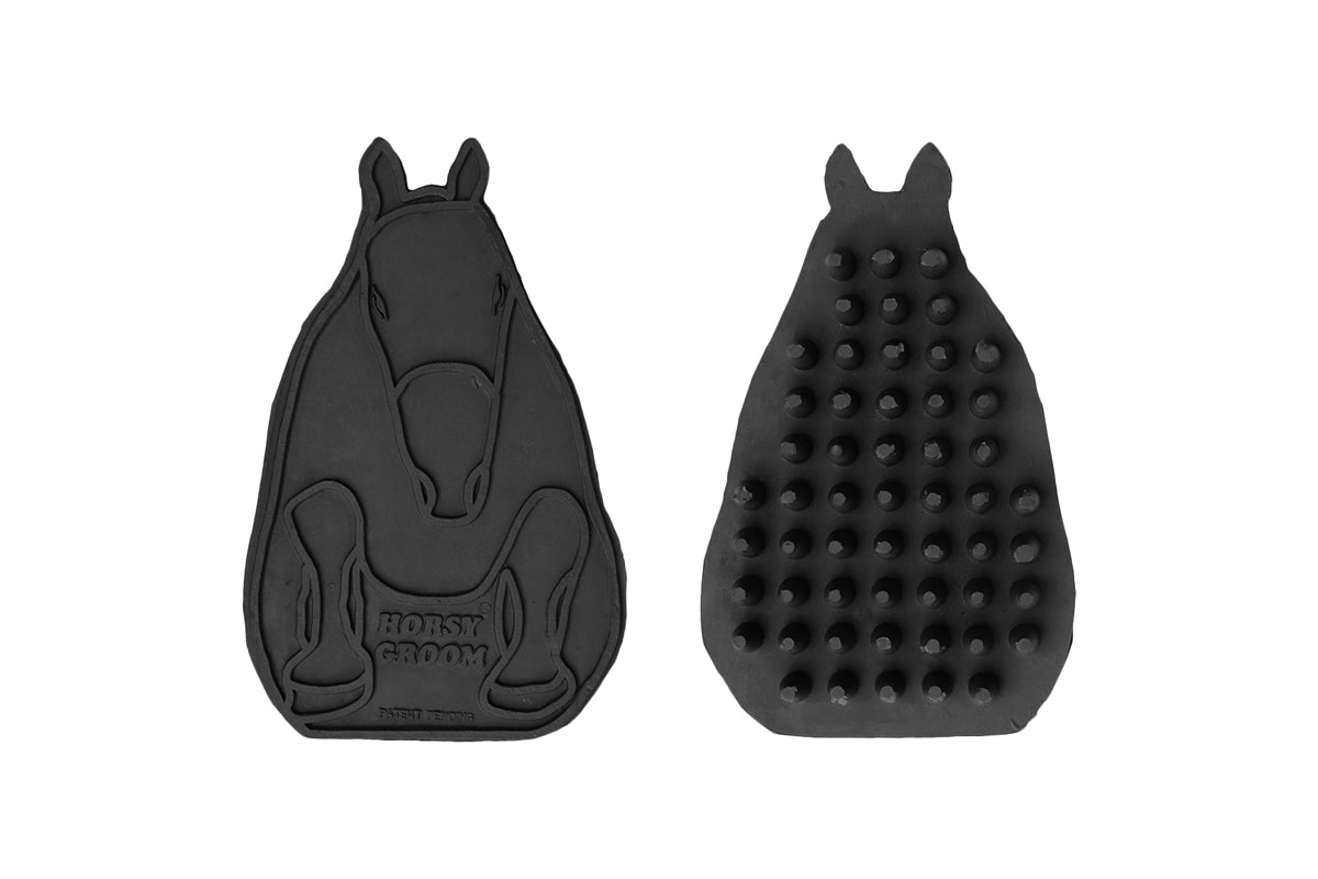 Black horse-shaped Horsy Groom Curry Comb front and back 