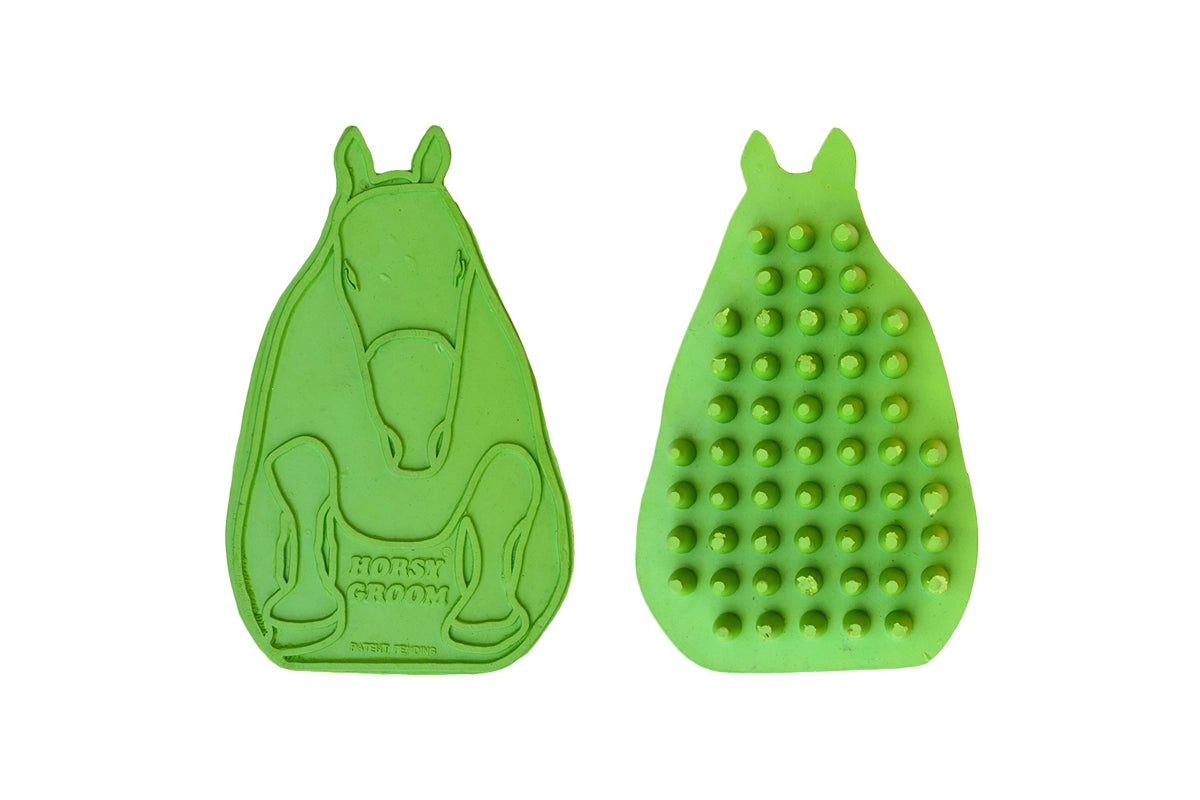 Green horse-shaped Horsy Groom Curry Comb front and back 