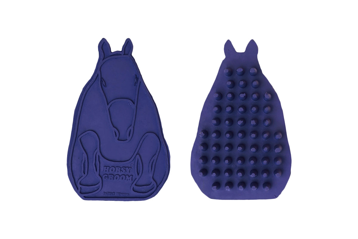 Navy blue horse-shaped Horsy Groom Curry Comb front and back 