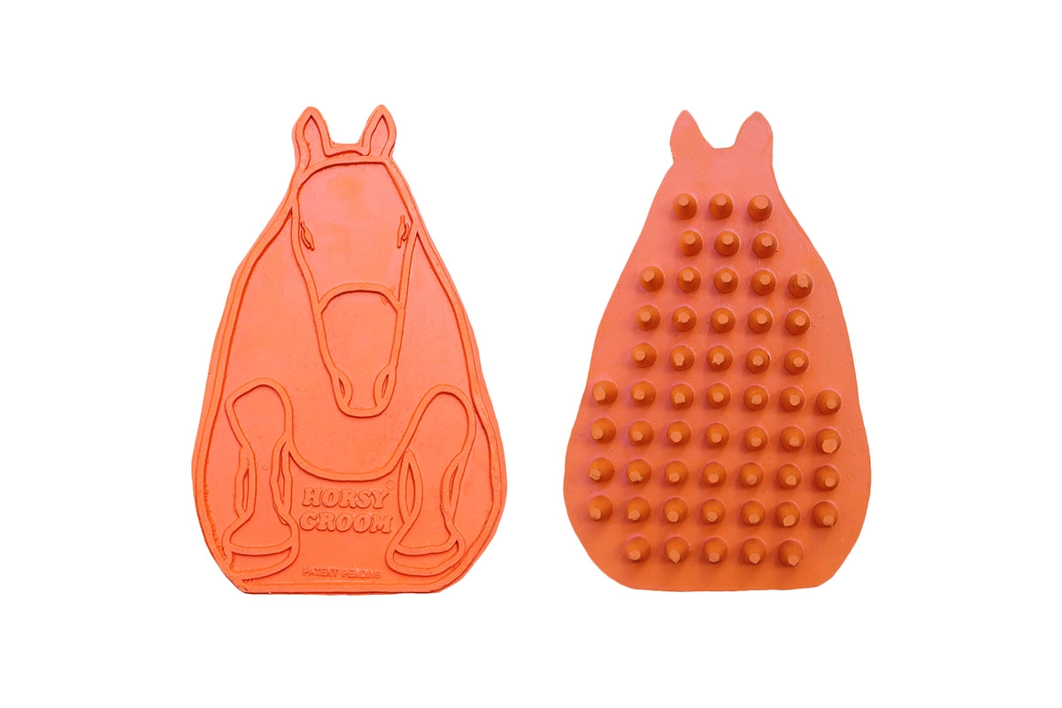 Orange horse-shaped Horsy Groom Curry Comb front and back 