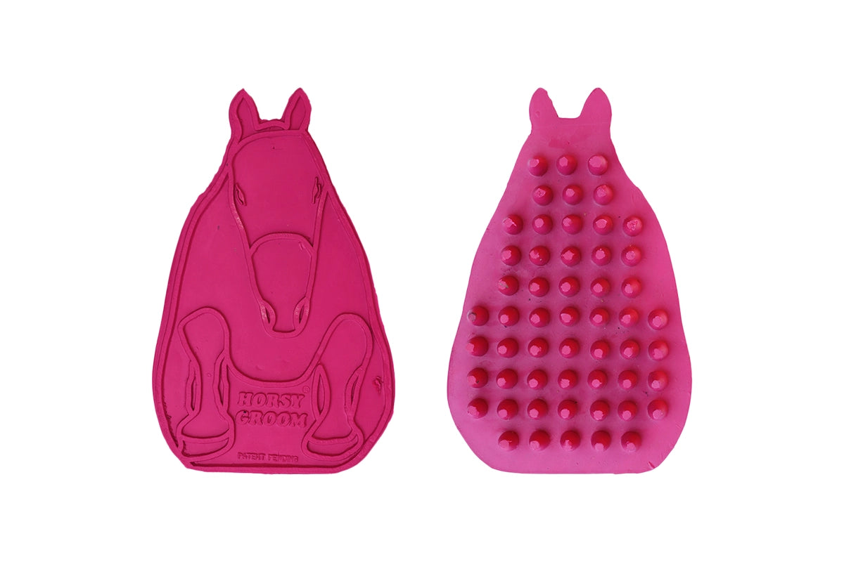 Pink horse-shaped Horsy Groom Curry Comb front and back 