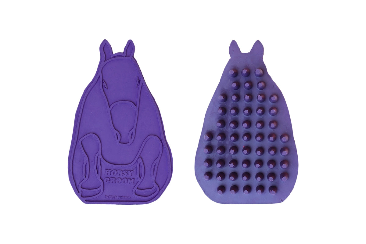 Purple horse-shaped Horsy Groom Curry Comb front and back 