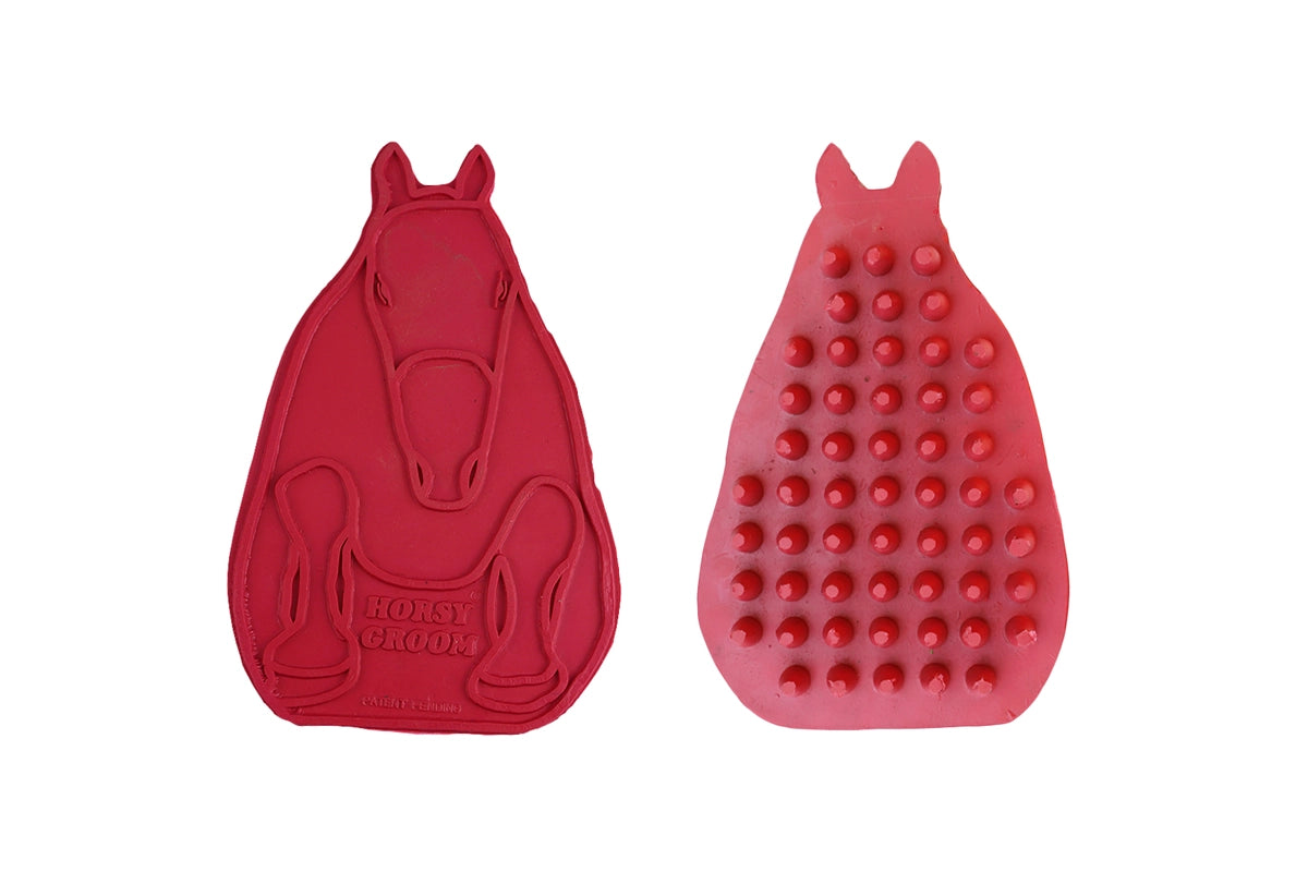 Red horse-shaped Horsy Groom Curry Comb front and back 