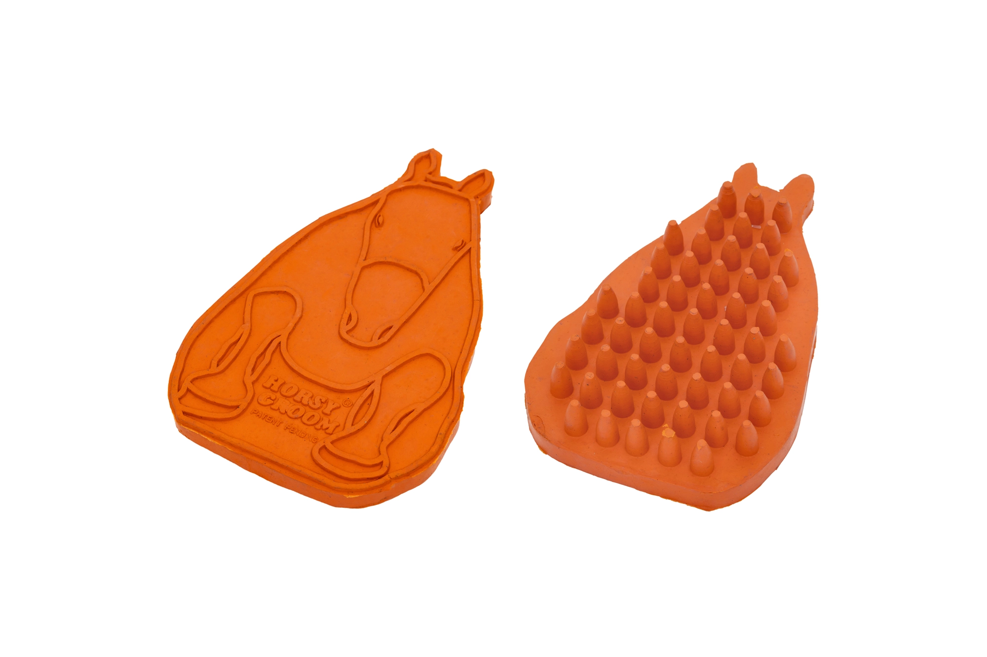 Orange horse-shaped Horsy Groom Curry Comb front and back 