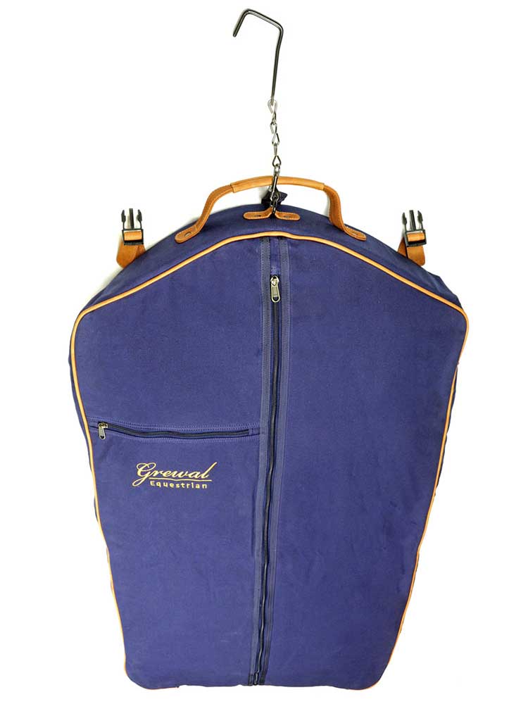 Navy Blue Garment Bag with Leather Trim