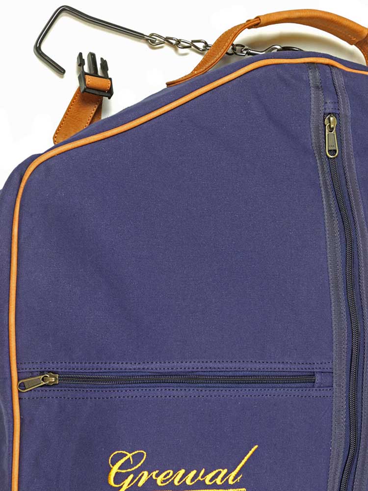 Navy Blue Garment Bag with Leather Trim
