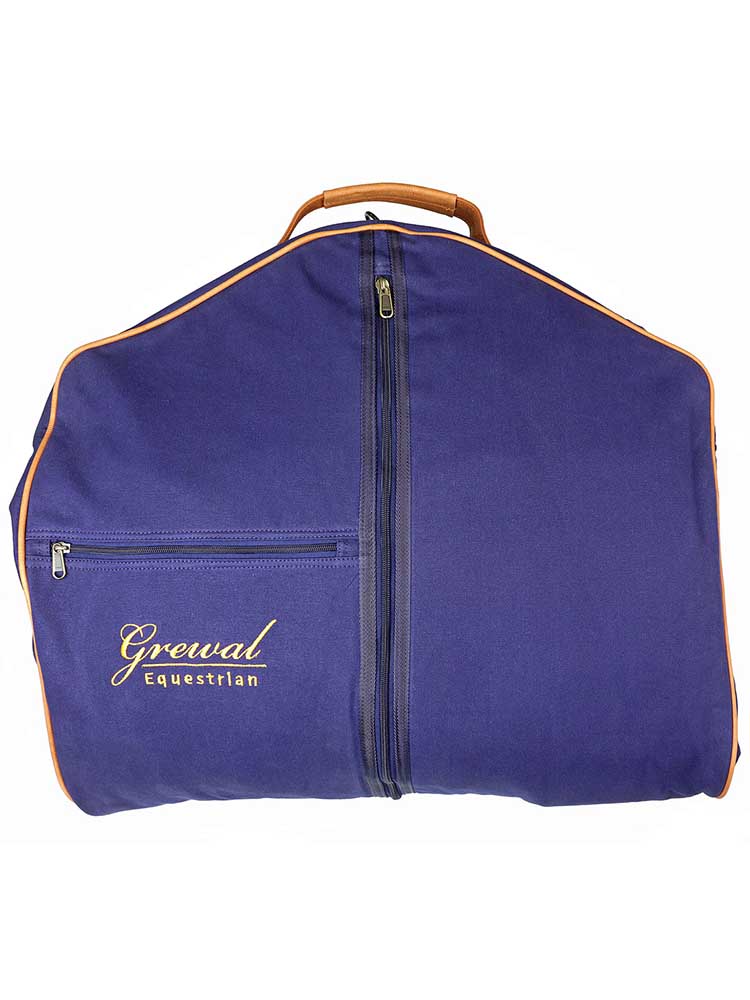Navy Blue Garment Bag with Leather Trim