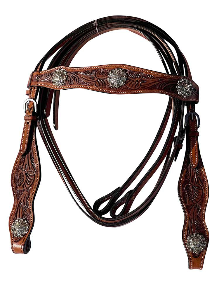 Western Headstall - London Gold With Crystals and Flower Tooling